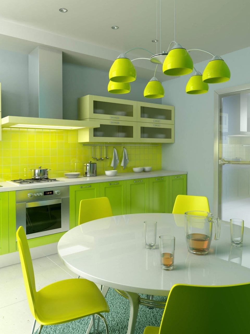 spectacular colorful apartment decoration kitchen furnishing ideas with gloss acrylic green kitchen cabinets and rounded white acrylic breakfast table sets spectacular - Imobiliare.ro: Interesul pentru apartamente noi s-a triplat in patru ani